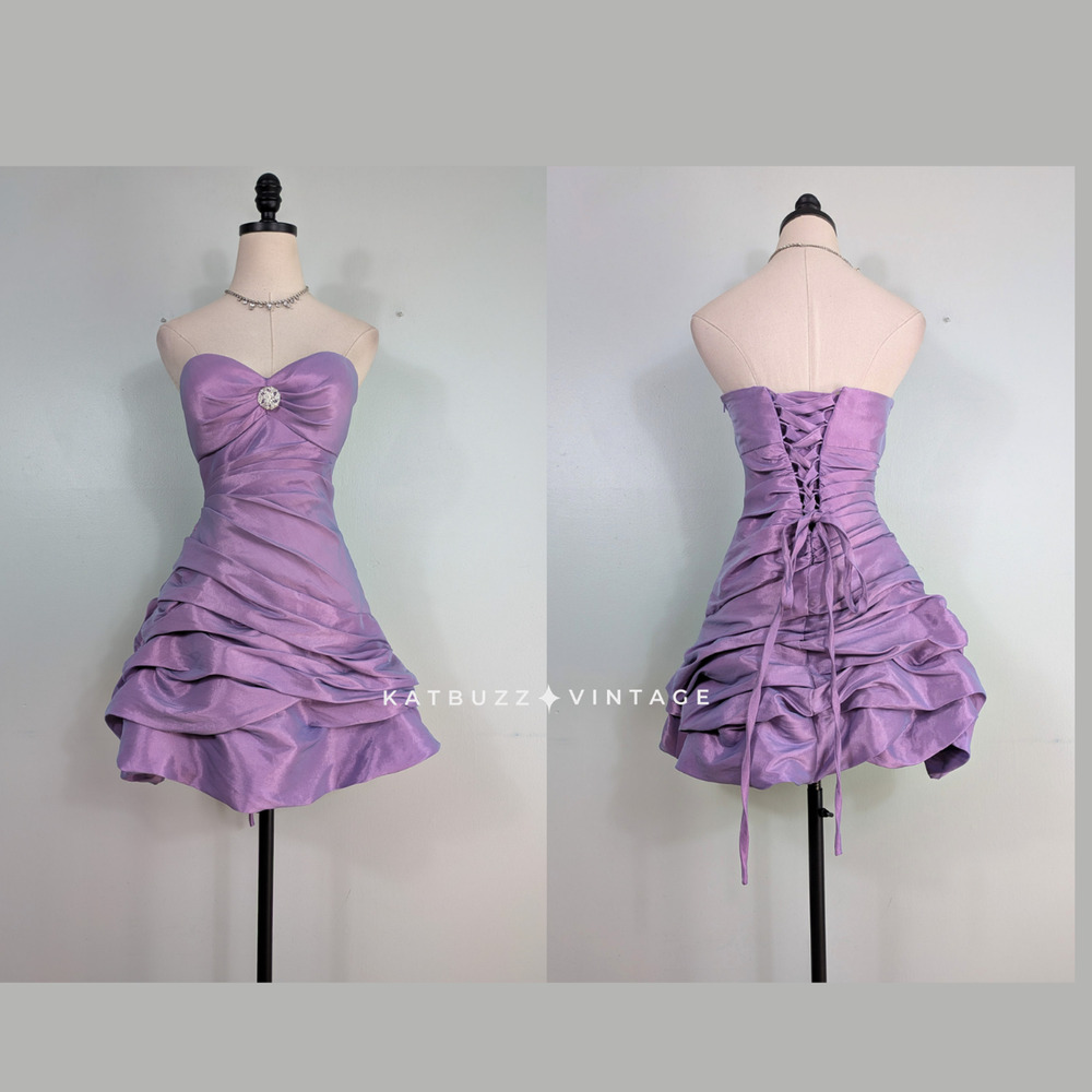 Vintage Prom Dress Mini Gown 8 Purple Corset Ruffle Strapless Princess Y2K Glam